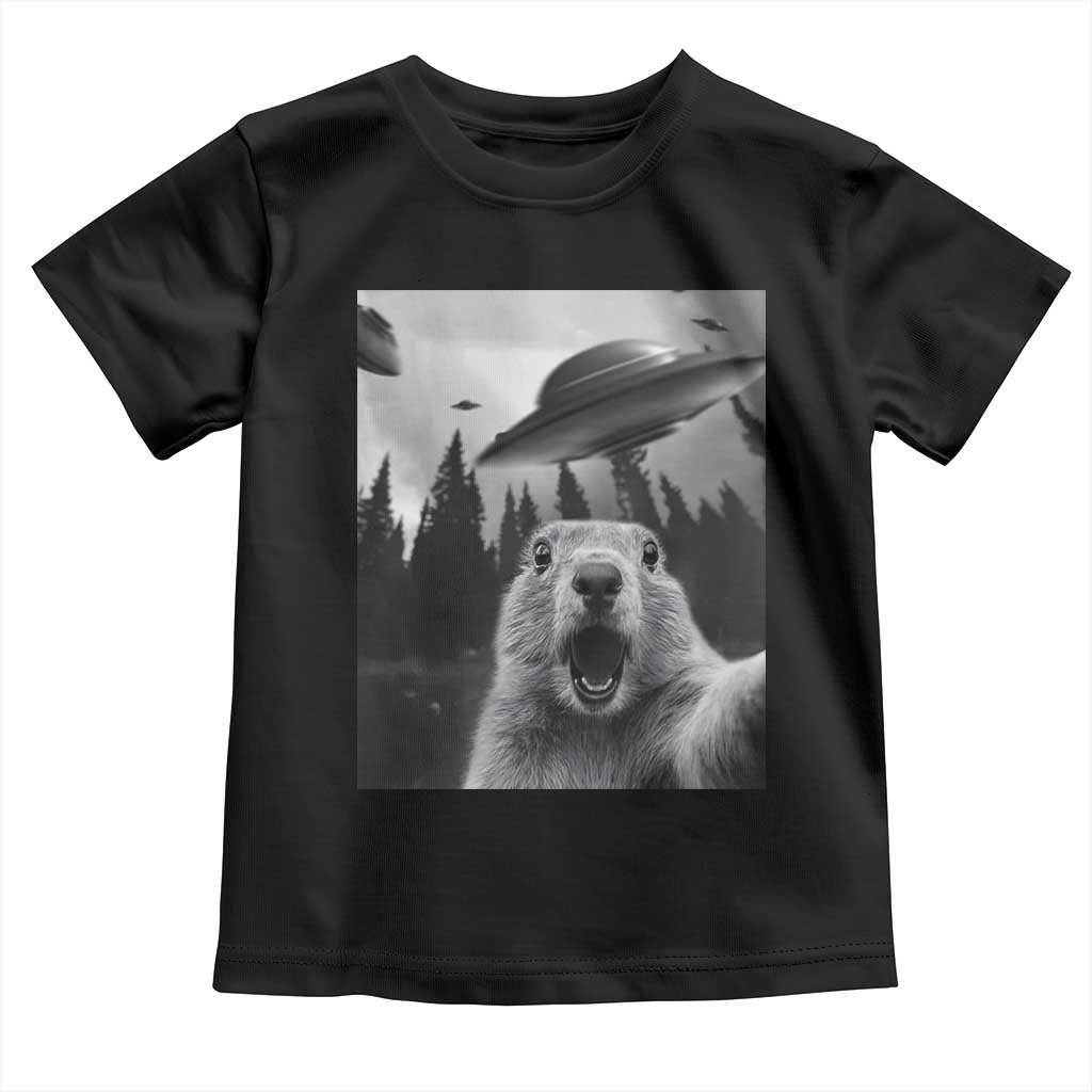 Funny Groundhog Selfie With Alien UFOs Weird Ground Hog Day Toddler T Shirt - Wonder Print Shop