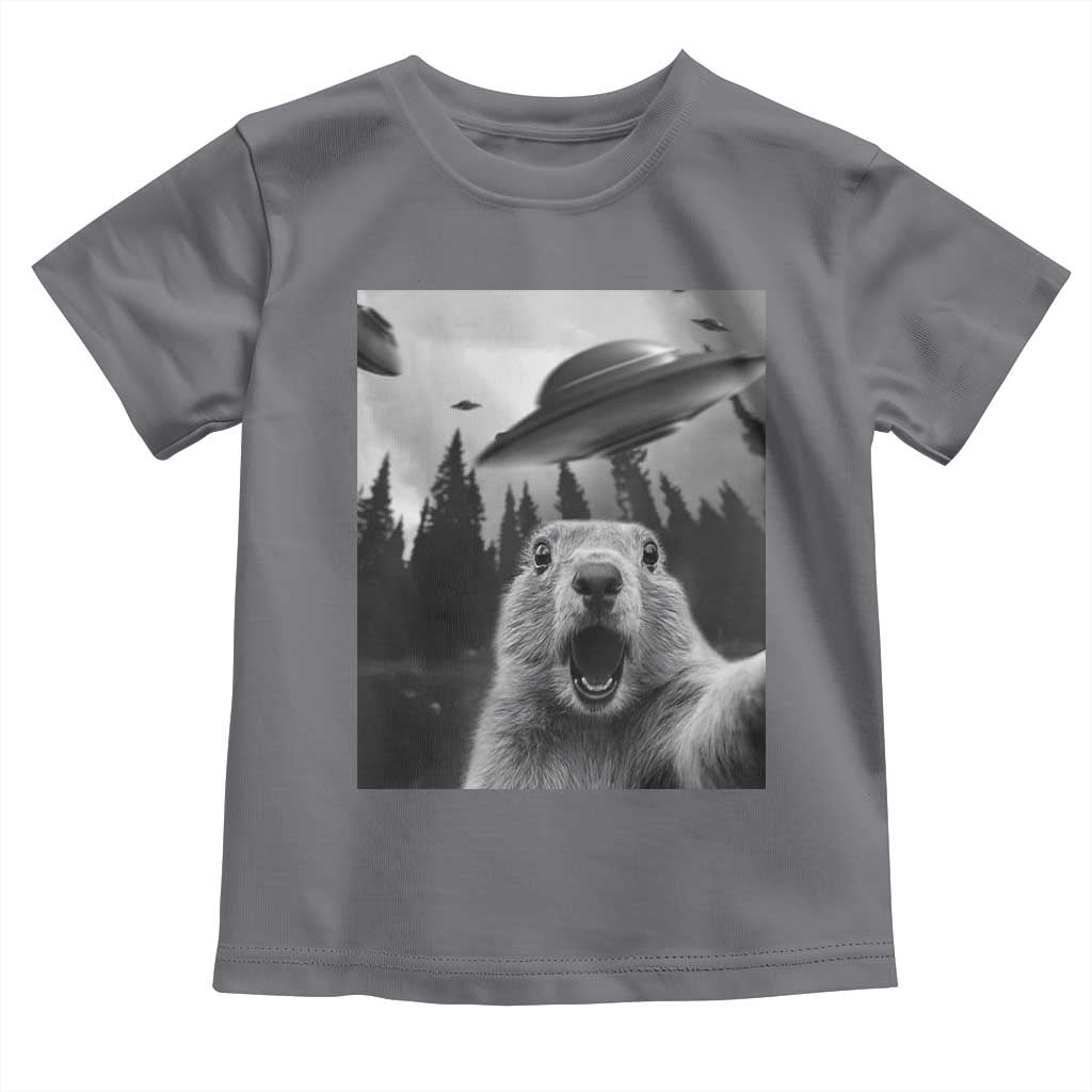 Funny Groundhog Selfie With Alien UFOs Weird Ground Hog Day Toddler T Shirt - Wonder Print Shop