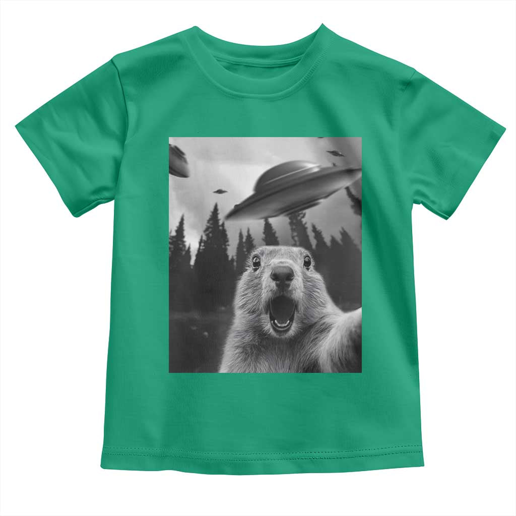 Funny Groundhog Selfie With Alien UFOs Weird Ground Hog Day Toddler T Shirt - Wonder Print Shop