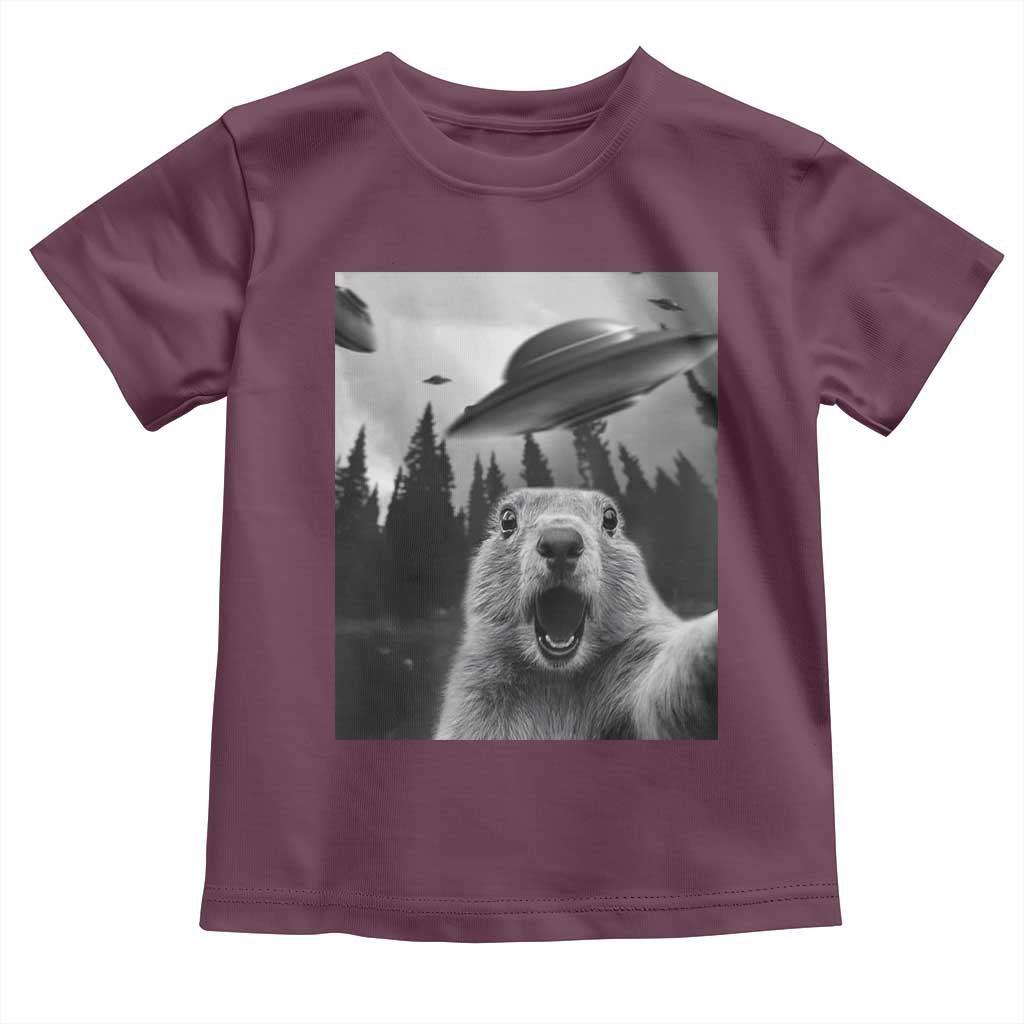 Funny Groundhog Selfie With Alien UFOs Weird Ground Hog Day Toddler T Shirt - Wonder Print Shop