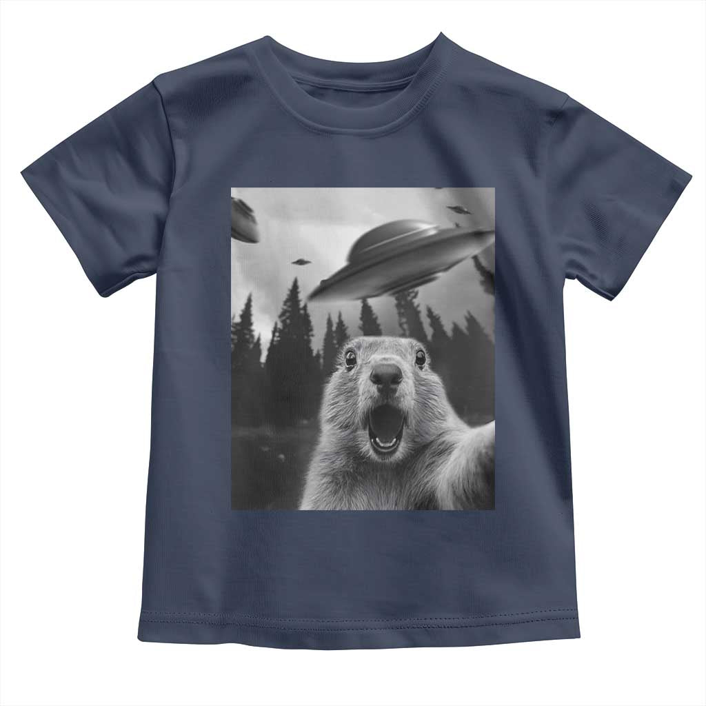 Funny Groundhog Selfie With Alien UFOs Weird Ground Hog Day Toddler T Shirt - Wonder Print Shop