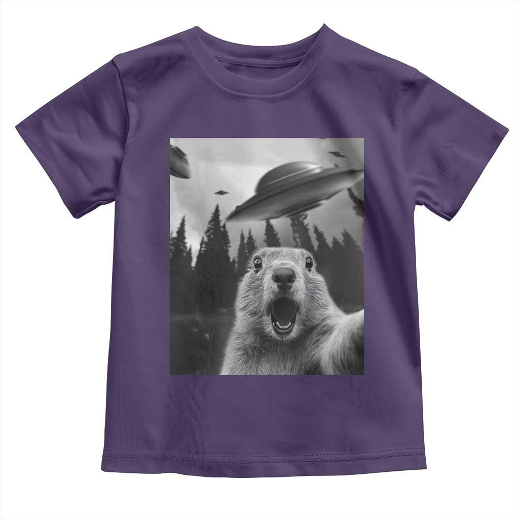 Funny Groundhog Selfie With Alien UFOs Weird Ground Hog Day Toddler T Shirt - Wonder Print Shop