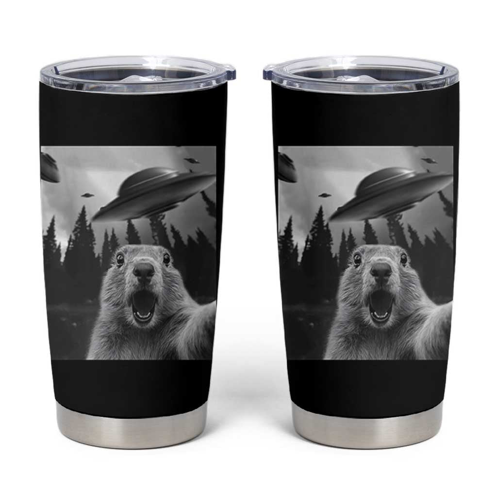 Funny Groundhog Selfie With Alien UFOs Weird Ground Hog Day Tumbler Cup - Wonder Print Shop