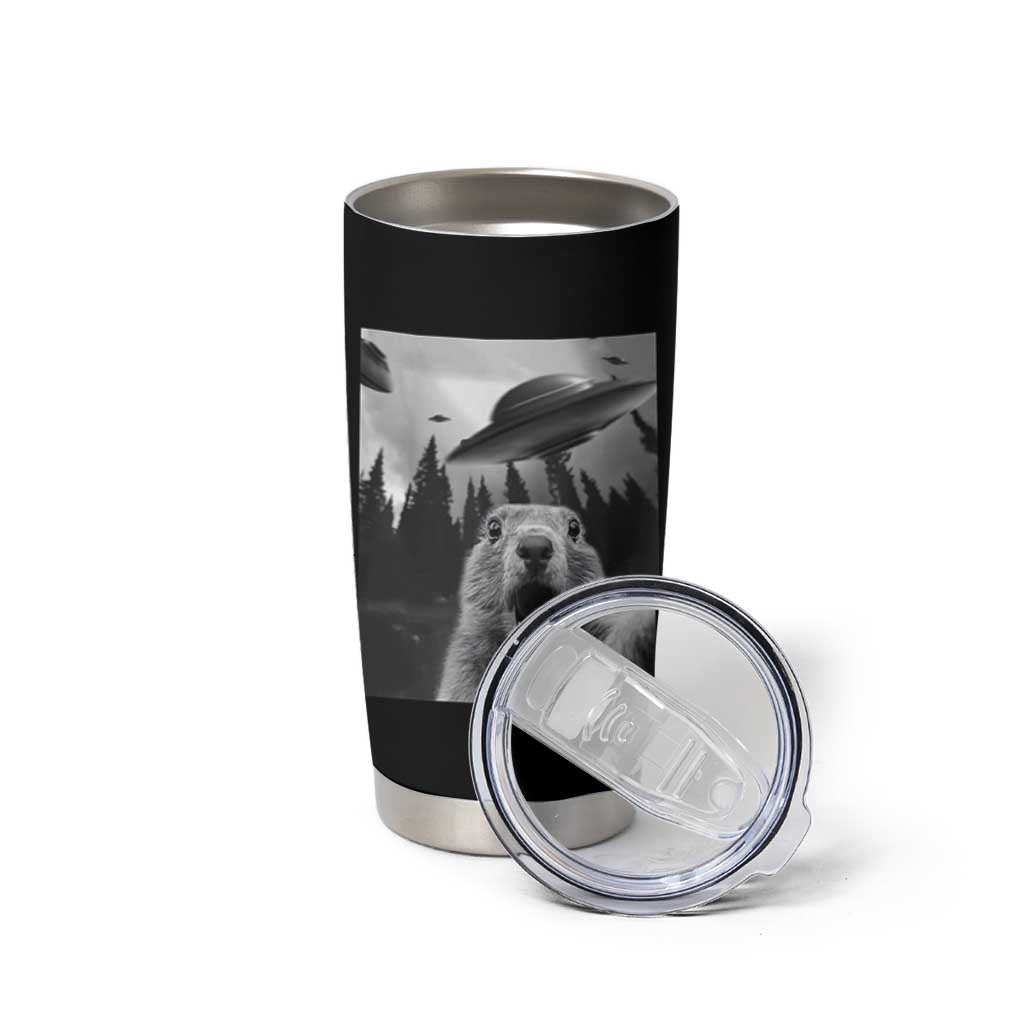 Funny Groundhog Selfie With Alien UFOs Weird Ground Hog Day Tumbler Cup - Wonder Print Shop