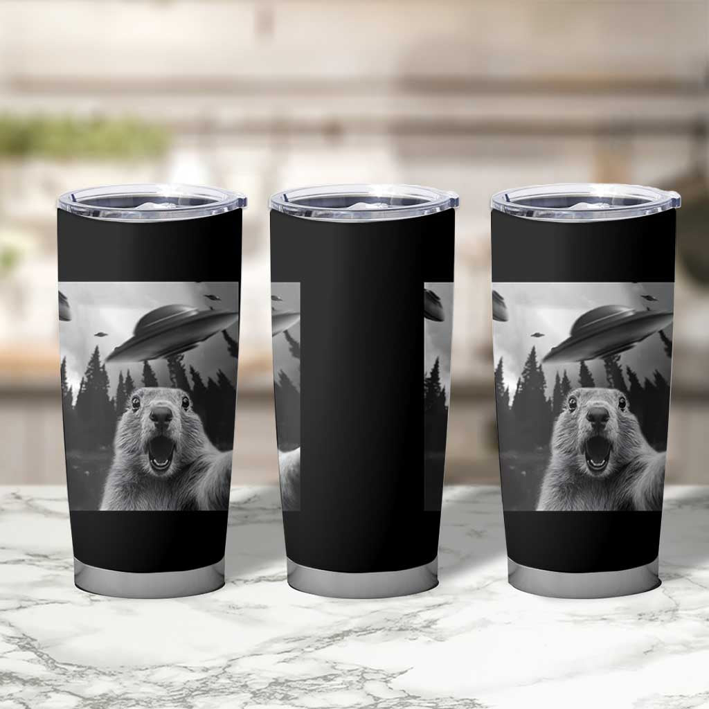 Funny Groundhog Selfie With Alien UFOs Weird Ground Hog Day Tumbler Cup - Wonder Print Shop