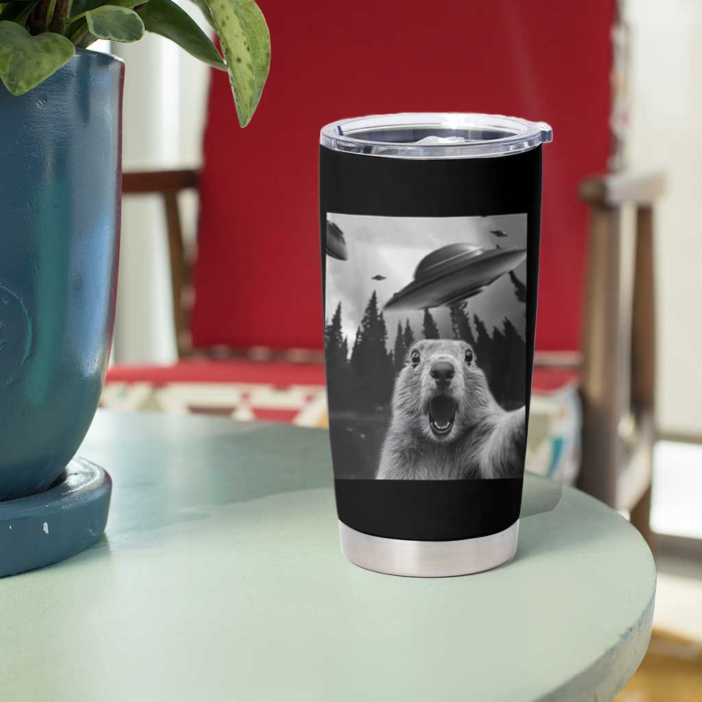 Funny Groundhog Selfie With Alien UFOs Weird Ground Hog Day Tumbler Cup - Wonder Print Shop