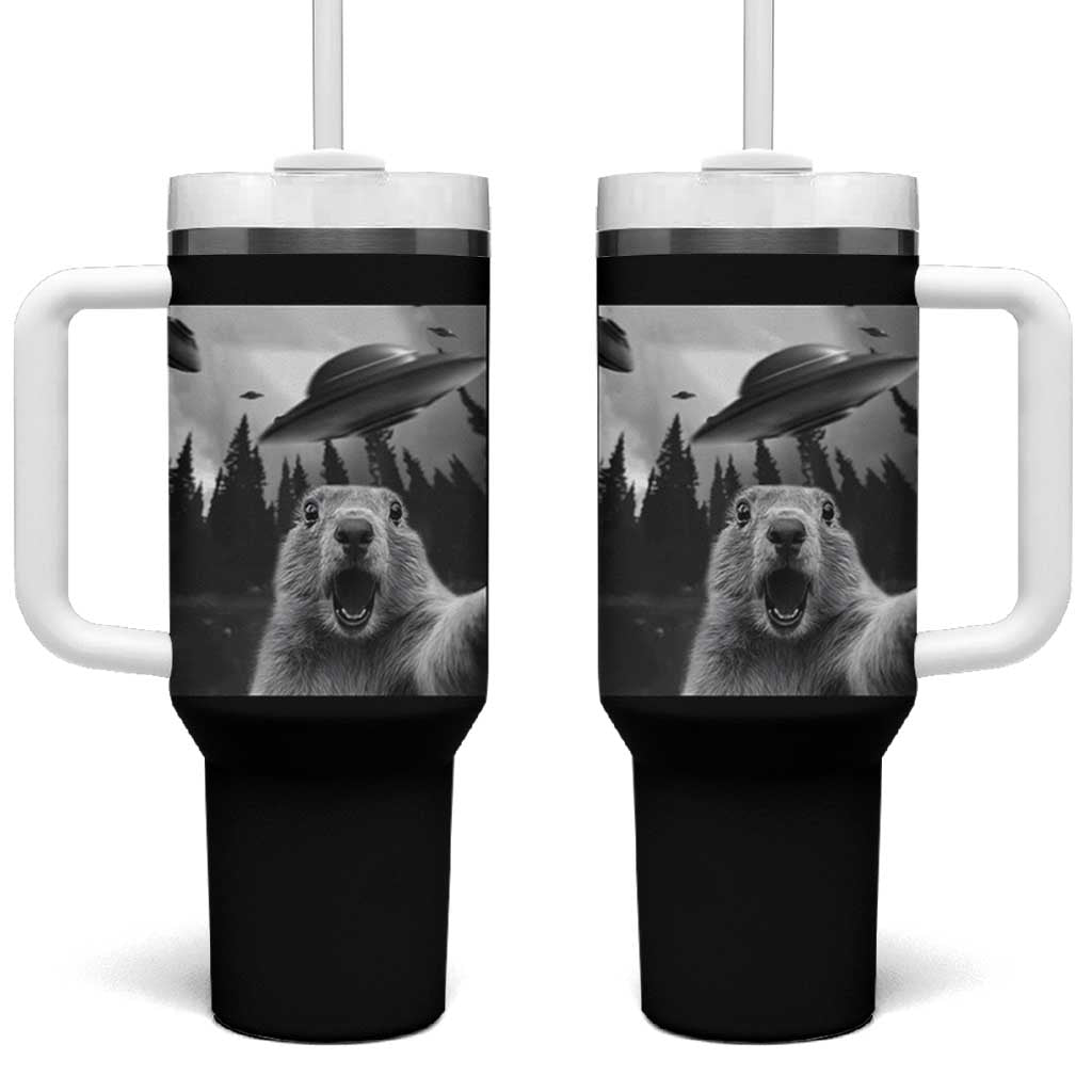 Funny Groundhog Selfie With Alien UFOs Weird Ground Hog Day Tumbler With Handle - Wonder Print Shop