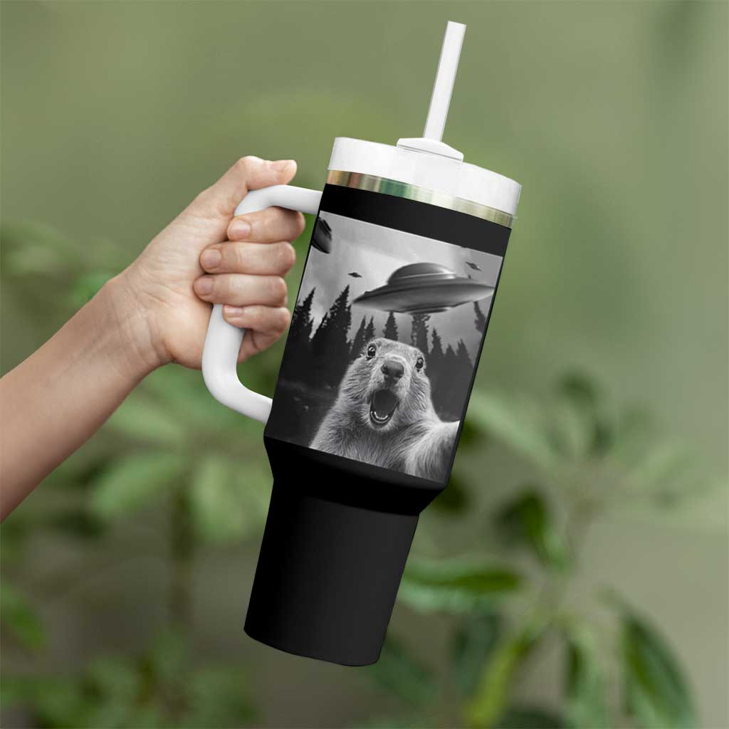 Funny Groundhog Selfie With Alien UFOs Weird Ground Hog Day Tumbler With Handle - Wonder Print Shop