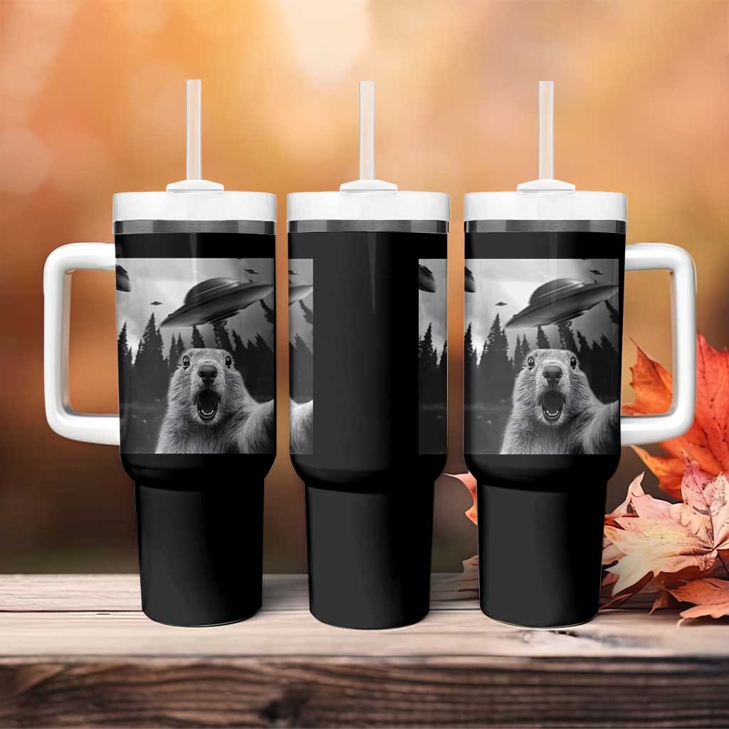 Funny Groundhog Selfie With Alien UFOs Weird Ground Hog Day Tumbler With Handle - Wonder Print Shop