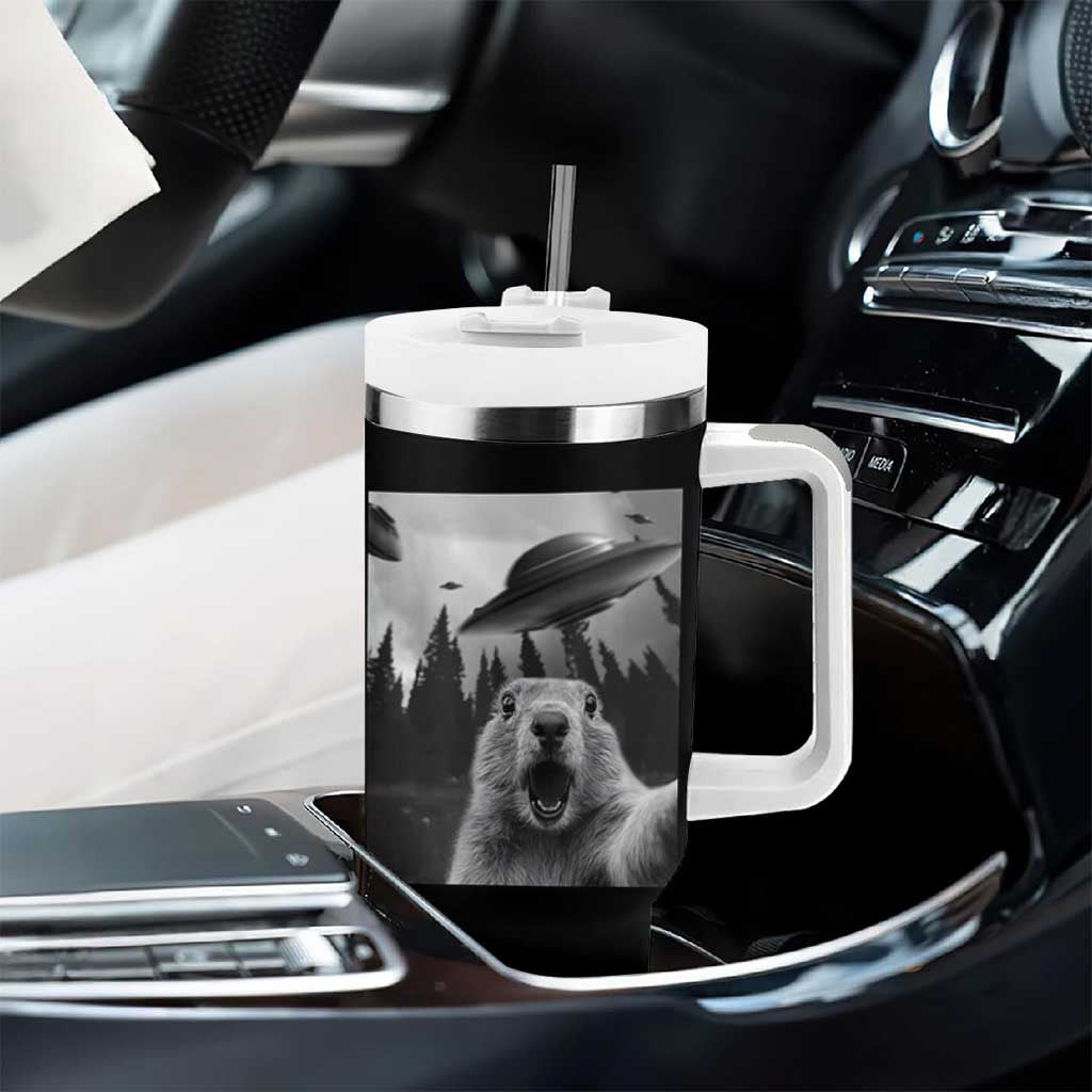 Funny Groundhog Selfie With Alien UFOs Weird Ground Hog Day Tumbler With Handle - Wonder Print Shop