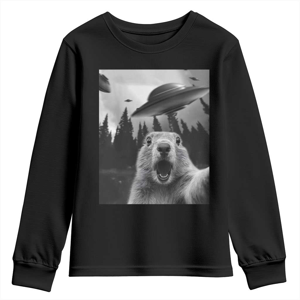 Funny Groundhog Selfie With Alien UFOs Weird Ground Hog Day Youth Sweatshirt - Wonder Print Shop