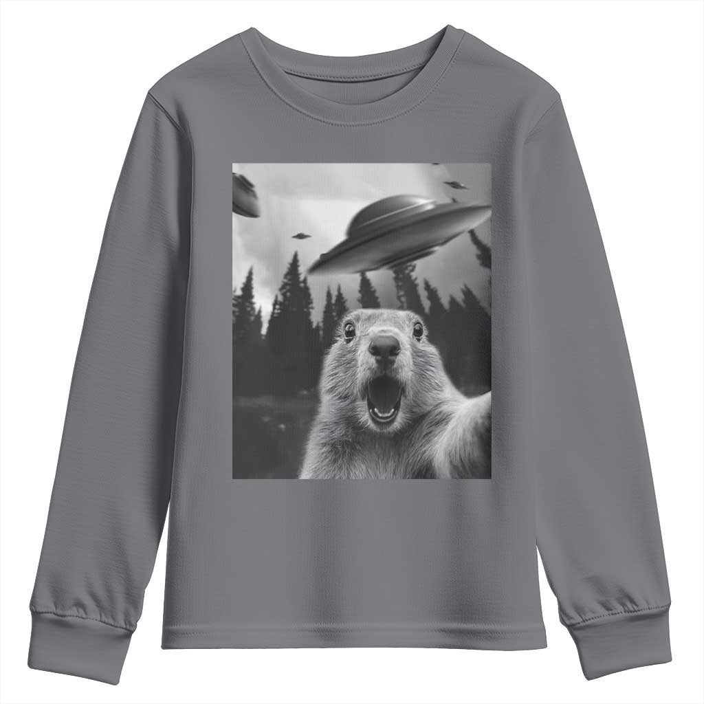 Funny Groundhog Selfie With Alien UFOs Weird Ground Hog Day Youth Sweatshirt - Wonder Print Shop
