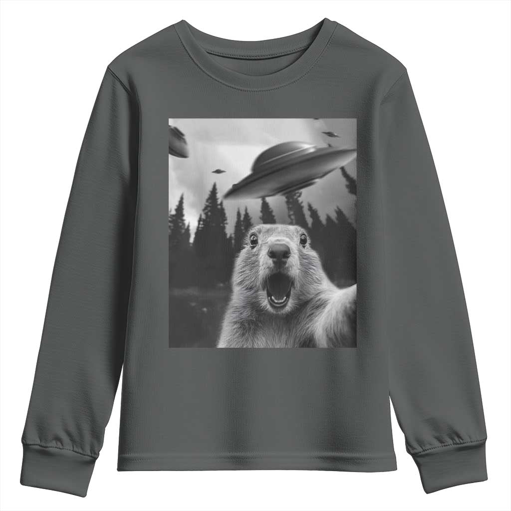 Funny Groundhog Selfie With Alien UFOs Weird Ground Hog Day Youth Sweatshirt - Wonder Print Shop