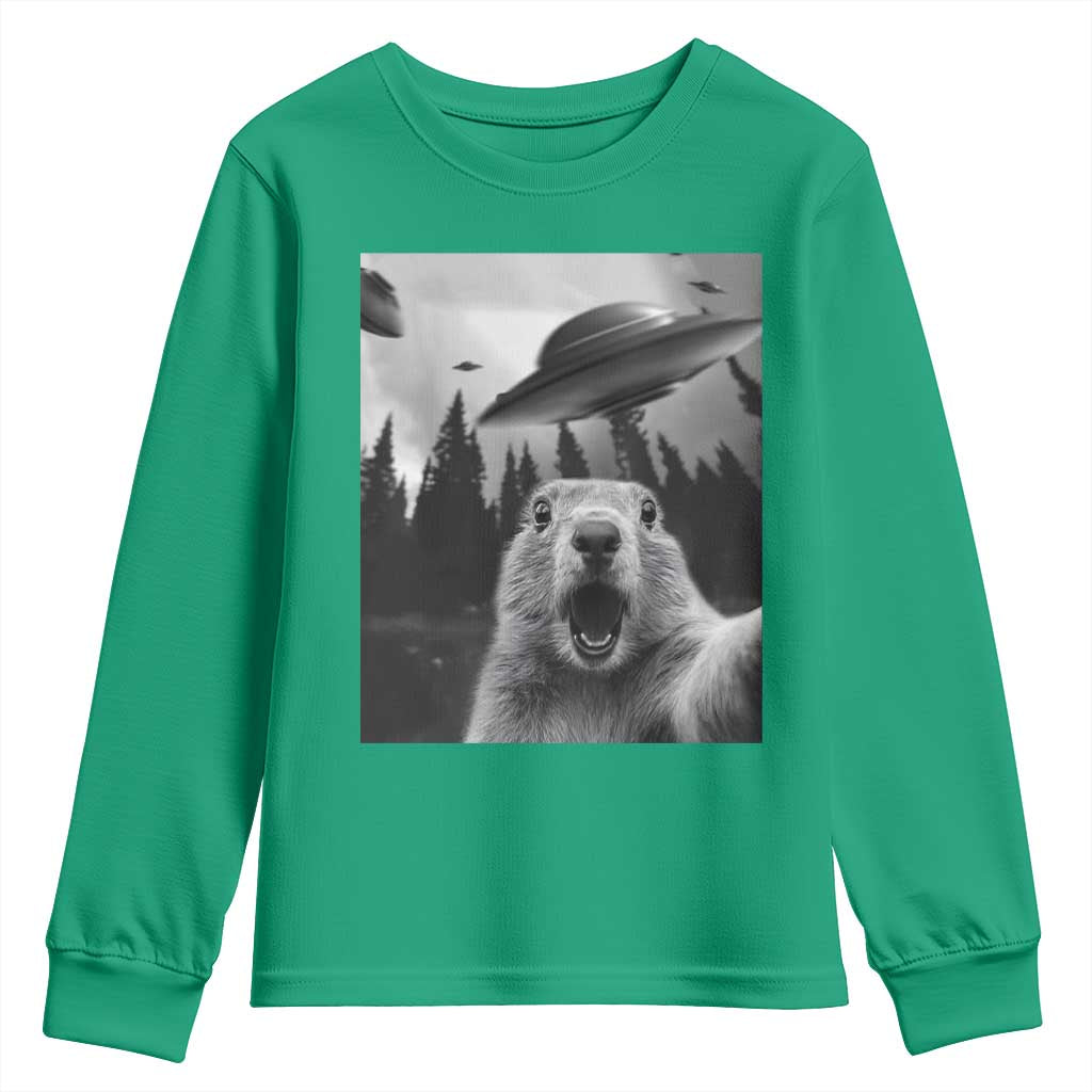 Funny Groundhog Selfie With Alien UFOs Weird Ground Hog Day Youth Sweatshirt - Wonder Print Shop