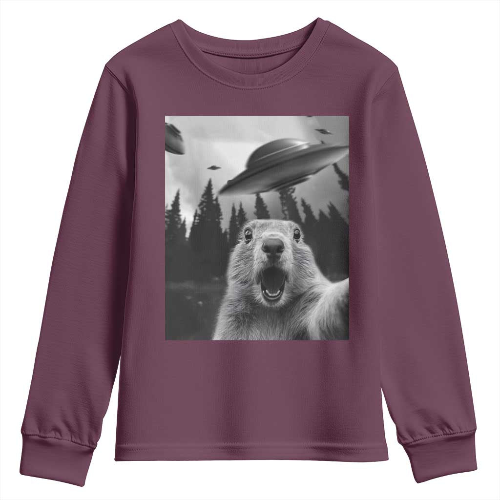 Funny Groundhog Selfie With Alien UFOs Weird Ground Hog Day Youth Sweatshirt - Wonder Print Shop