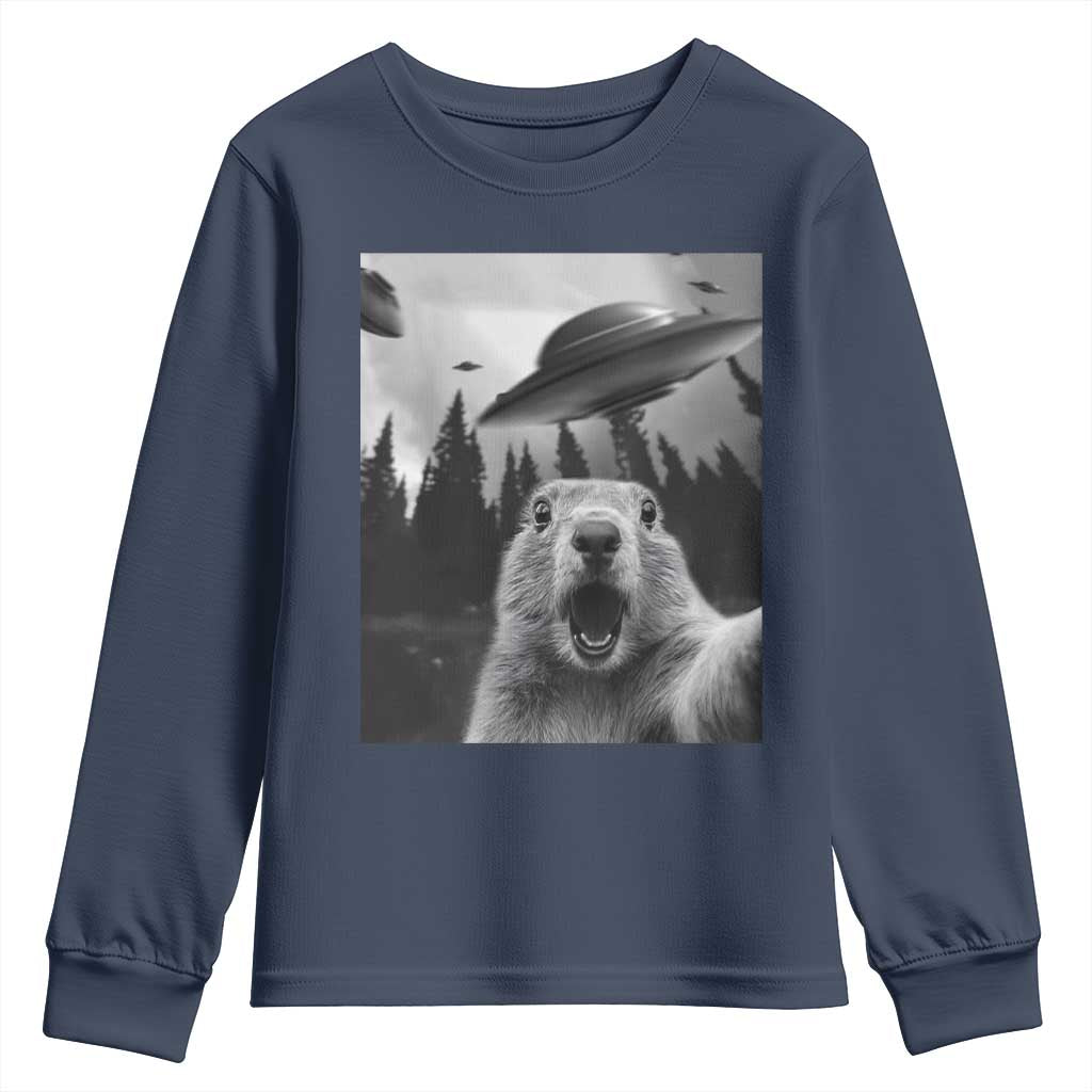 Funny Groundhog Selfie With Alien UFOs Weird Ground Hog Day Youth Sweatshirt - Wonder Print Shop