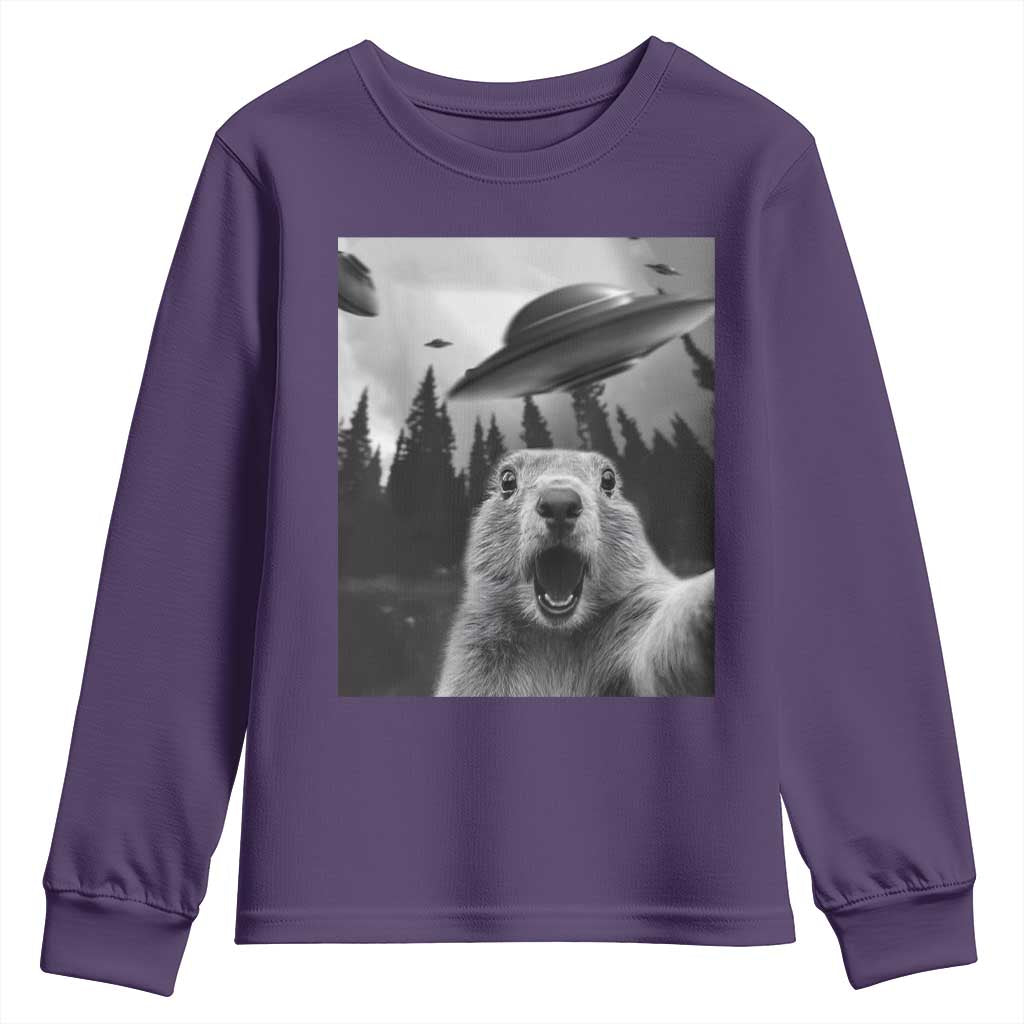 Funny Groundhog Selfie With Alien UFOs Weird Ground Hog Day Youth Sweatshirt - Wonder Print Shop