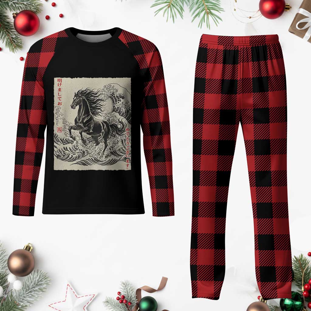 Japanese New Year 2026 Plaid Pajama Set Year Of The Horse Tsunami Ukiyo e Art - Wonder Print Shop