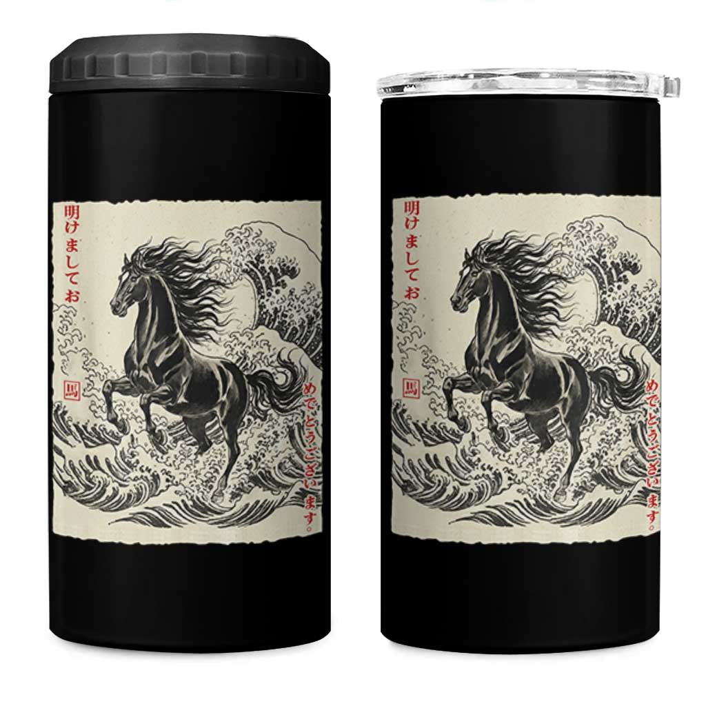 Japanese New Year 2026 4 in 1 Can Cooler Tumbler Year Of The Horse Tsunami Ukiyo e Art - Wonder Print Shop