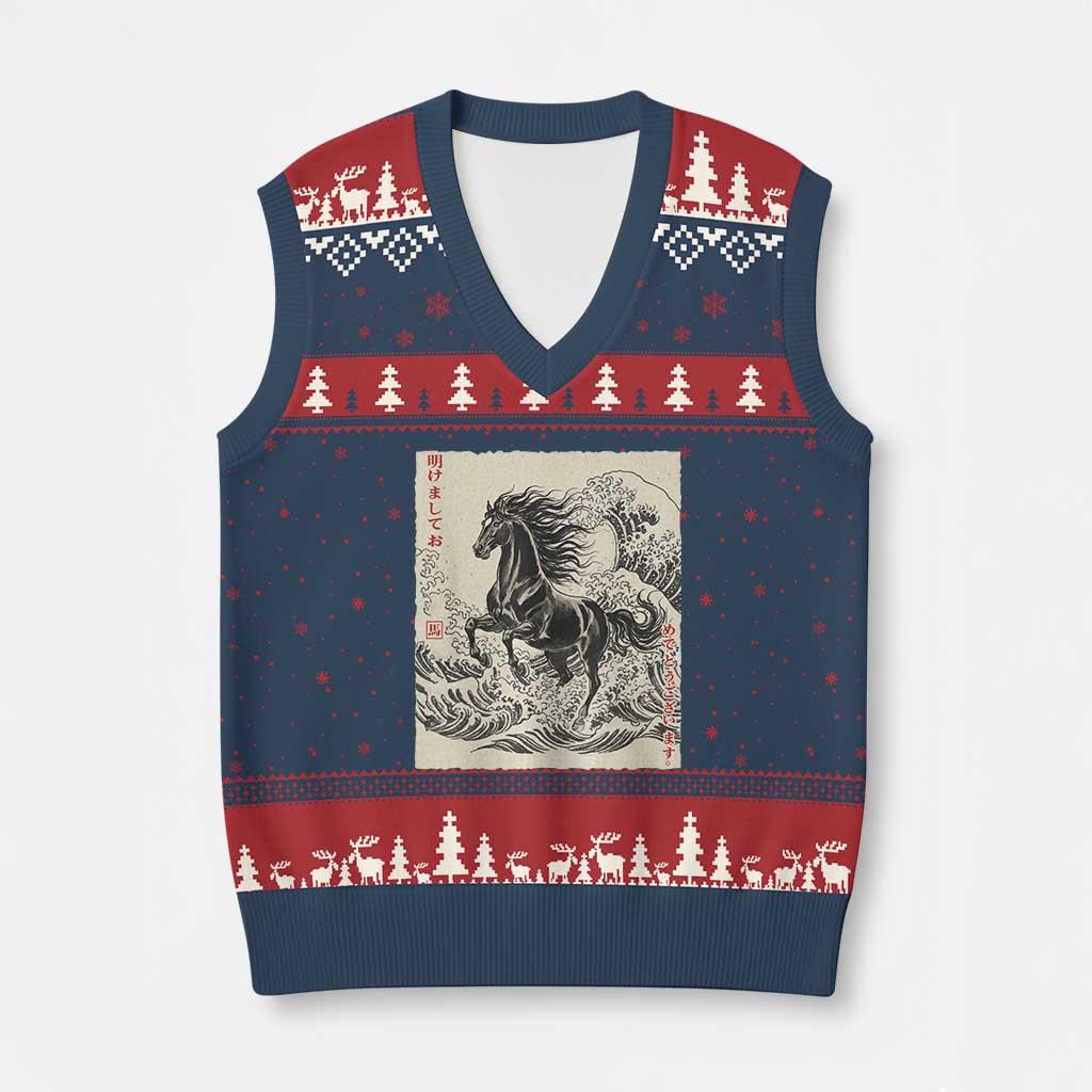 Japanese New Year 2026 V-Neck Knit Sweater Vest Year Of The Horse Tsunami Ukiyo e Art - Wonder Print Shop
