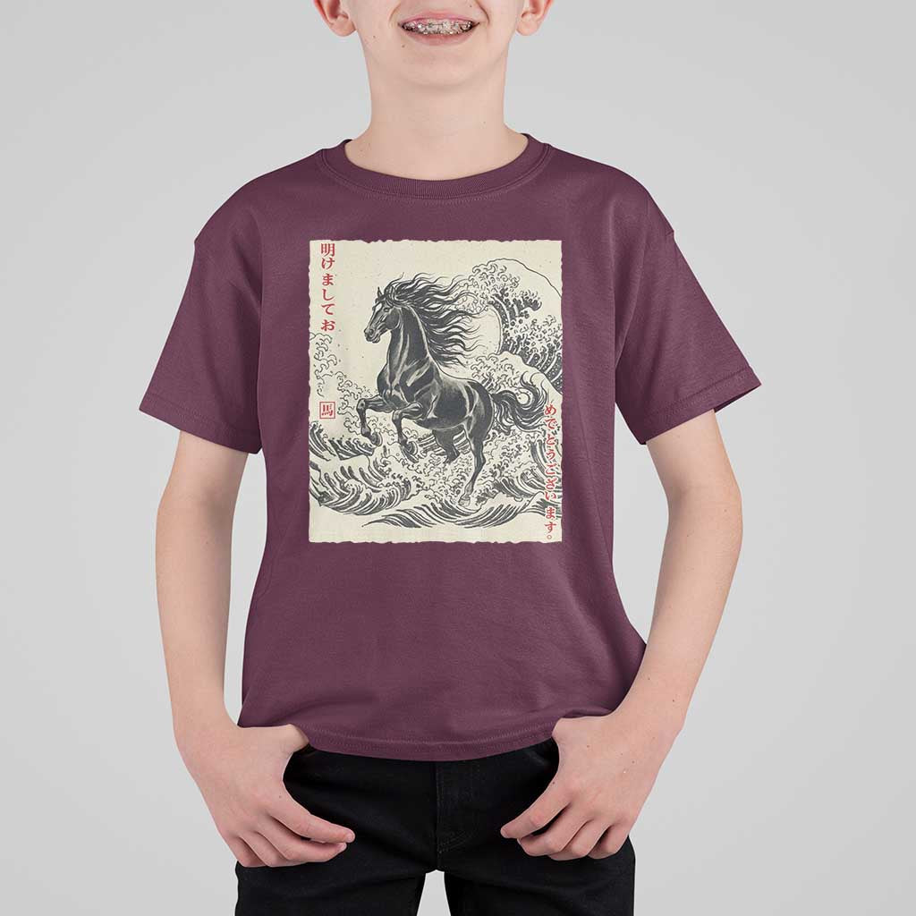 Japanese New Year 2026 T Shirt For Kid Year Of The Horse Tsunami Ukiyo e Art - Wonder Print Shop
