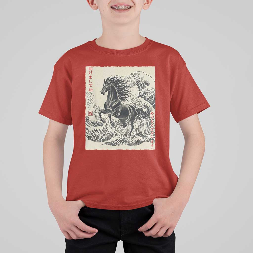 Japanese New Year 2026 T Shirt For Kid Year Of The Horse Tsunami Ukiyo e Art - Wonder Print Shop