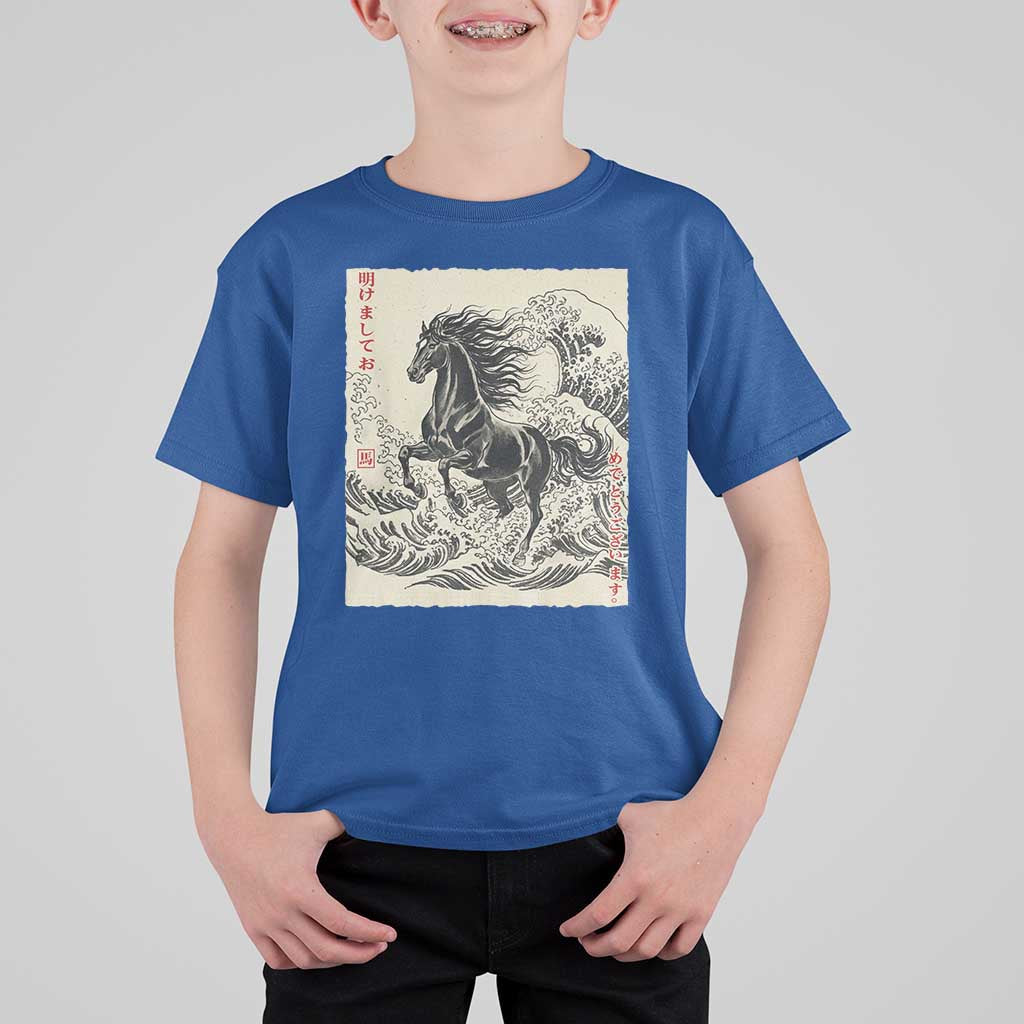 Japanese New Year 2026 T Shirt For Kid Year Of The Horse Tsunami Ukiyo e Art - Wonder Print Shop