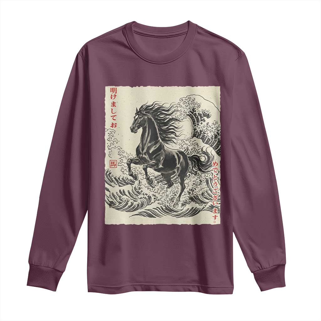 Japanese New Year 2026 Long Sleeve Shirt Year Of The Horse Tsunami Ukiyo e Art - Wonder Print Shop