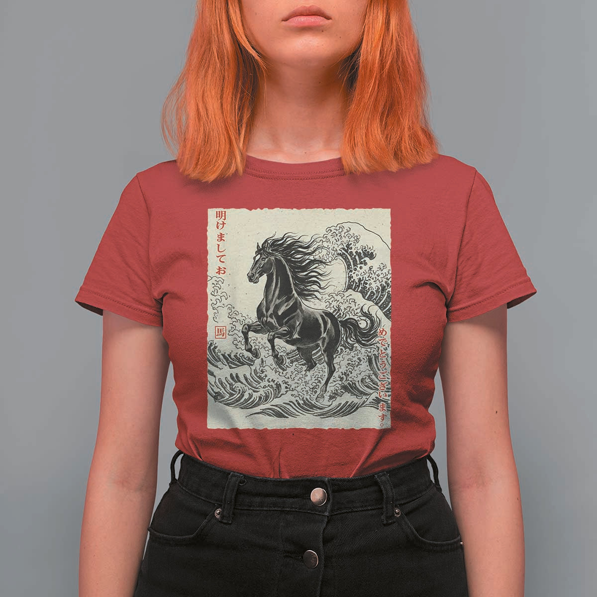 Japanese New Year 2026 T Shirt For Women Year Of The Horse Tsunami Ukiyo e Art - Wonder Print Shop