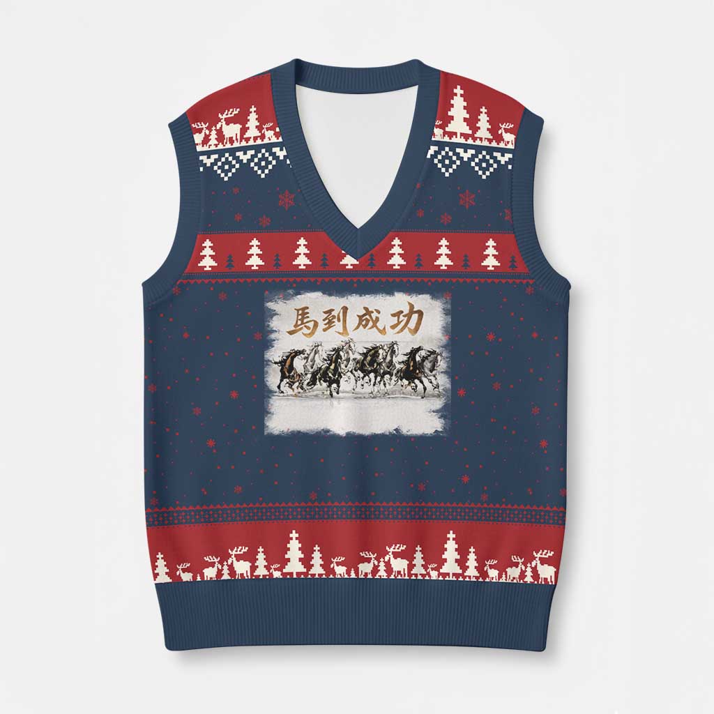 Year of The Horse 2026 V-Neck Knit Sweater Vest Gallop Of The 8 Horses Lunar New Year