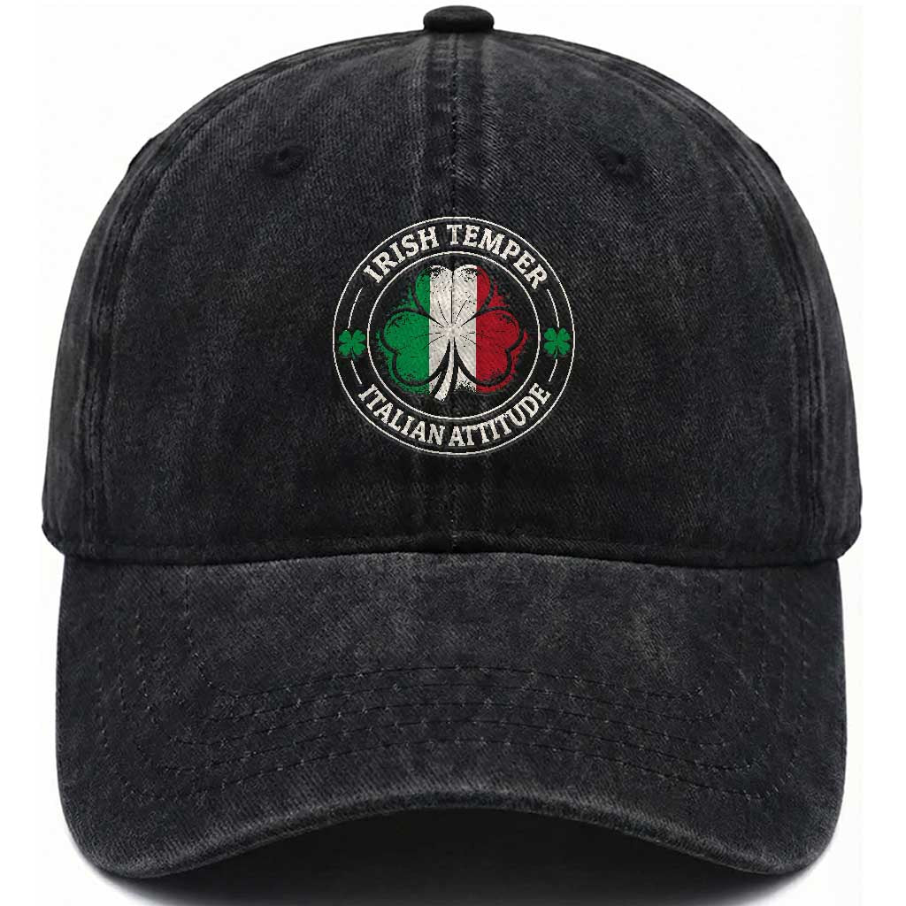 Funny Irish Temper Italian Attitude Washed Cotton Baseball Cap Irish Italian Pride Vintage Shamrock