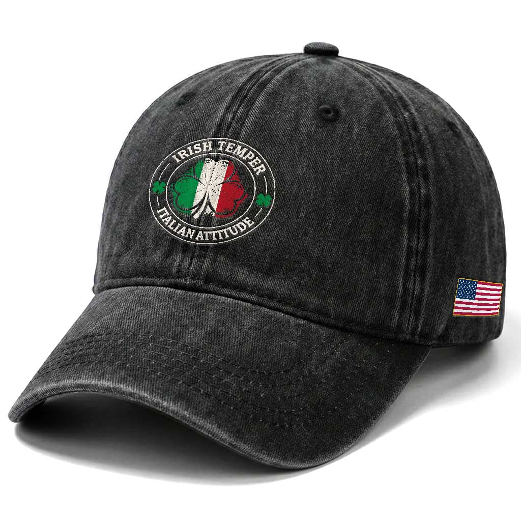 Funny Irish Temper Italian Attitude Washed Cotton Baseball Cap Irish Italian Pride Vintage Shamrock