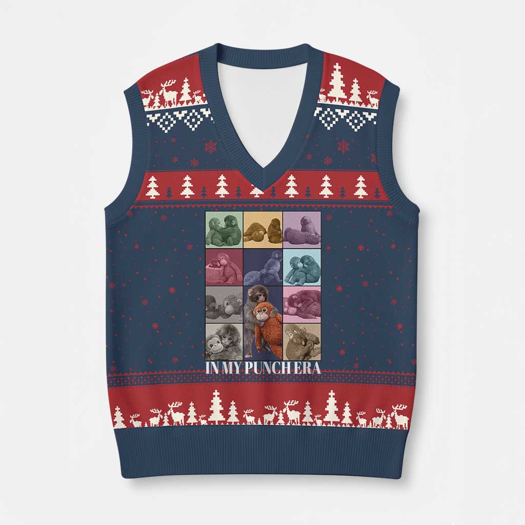 Punch The Monkey V-Neck Knit Sweater Vest In My Punch Era Baby Monkey Hugging Plush
