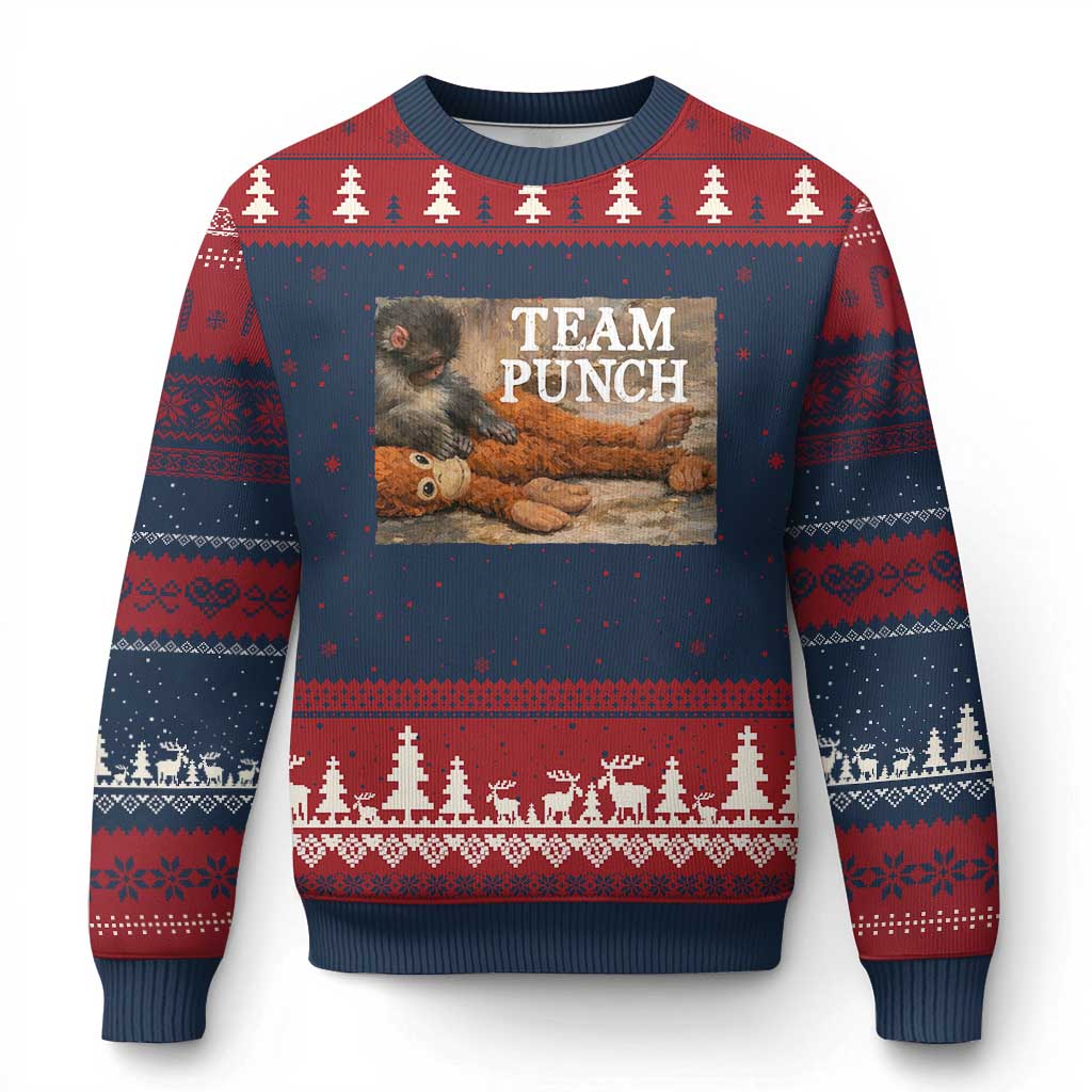 Team Punch Baby Monkey Plush Hugging Meme Ugly Christmas Sweater