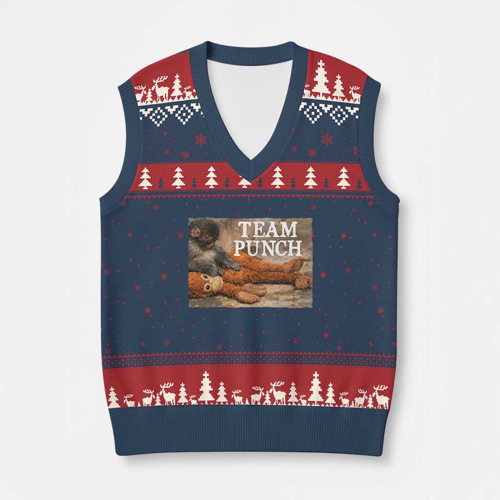 Team Punch Baby Monkey Plush Hugging Meme V-Neck Knit Sweater Vest