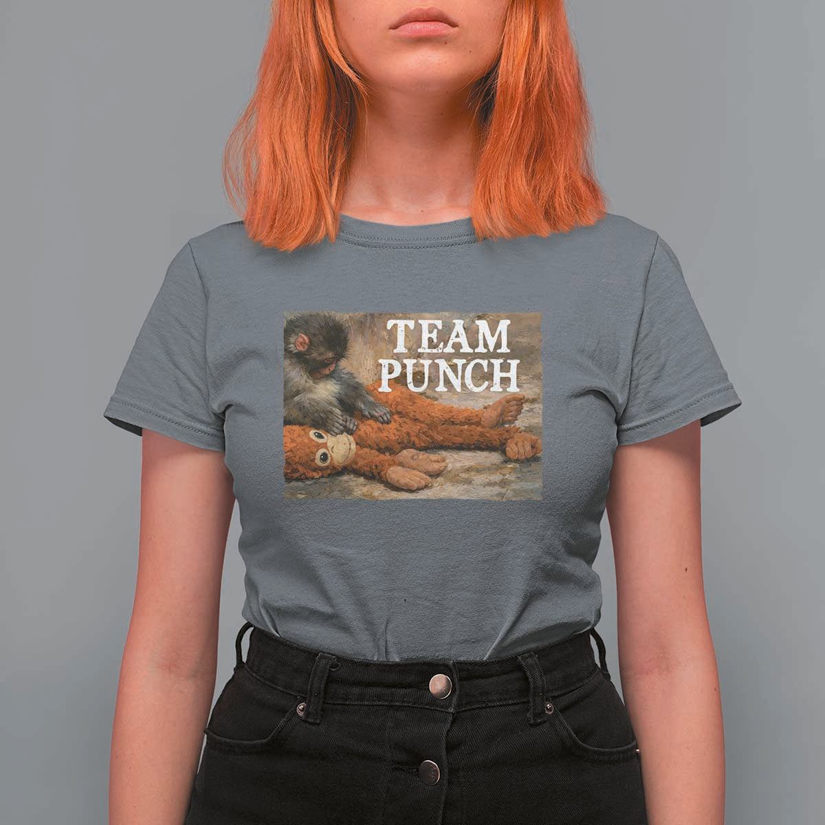 Team Punch Baby Monkey Plush Hugging Meme T Shirt For Women