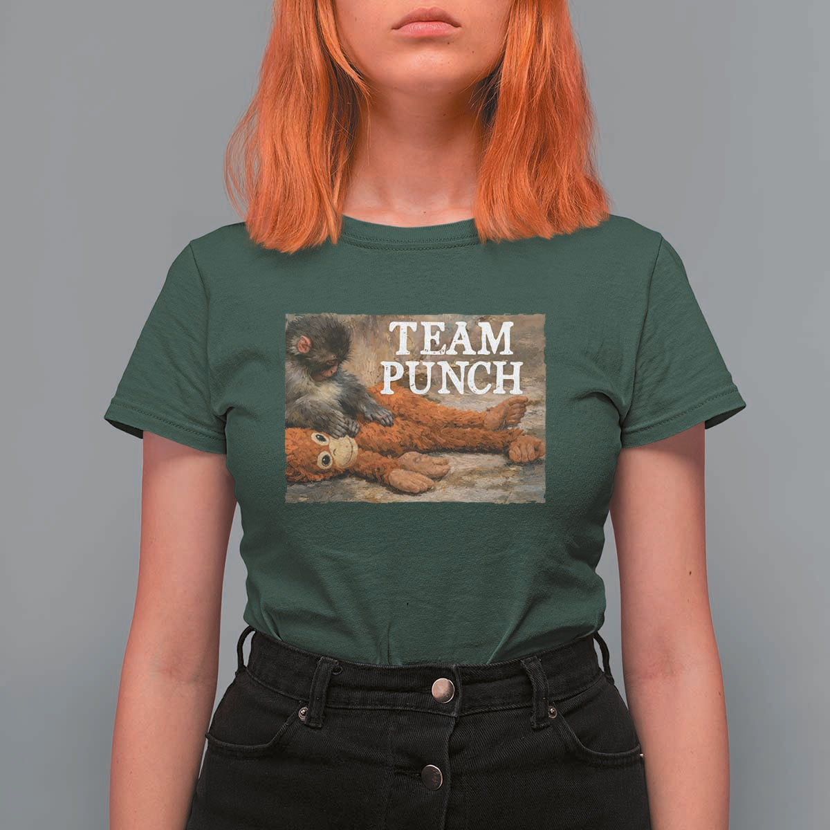 Team Punch Baby Monkey Plush Hugging Meme T Shirt For Women