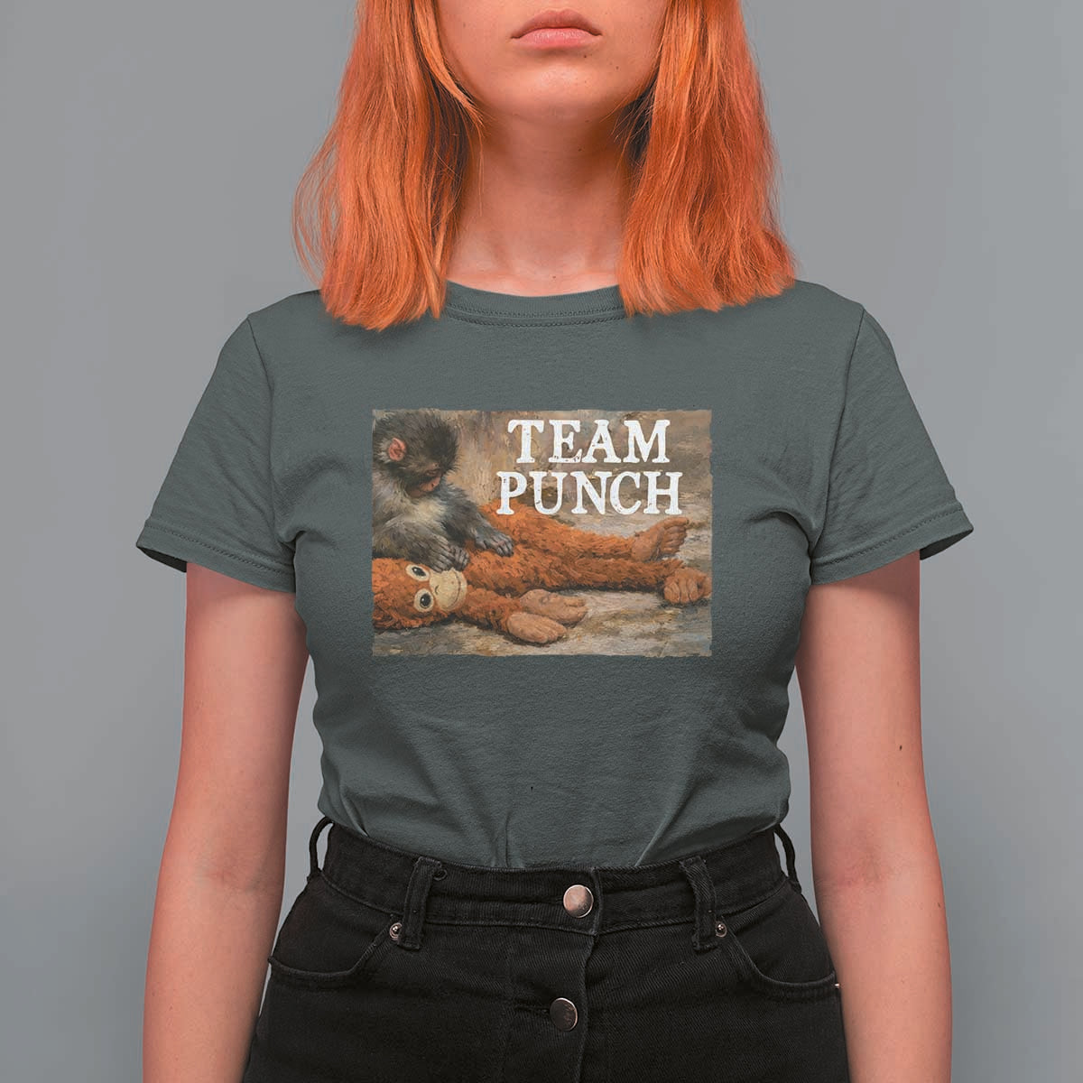 Team Punch Baby Monkey Plush Hugging Meme T Shirt For Women