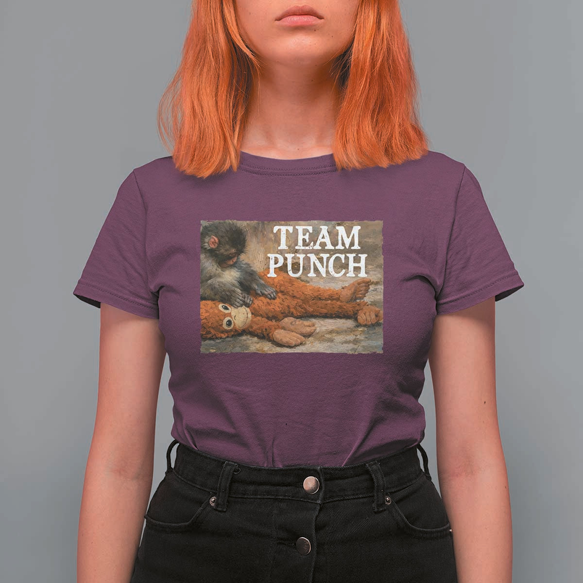 Team Punch Baby Monkey Plush Hugging Meme T Shirt For Women