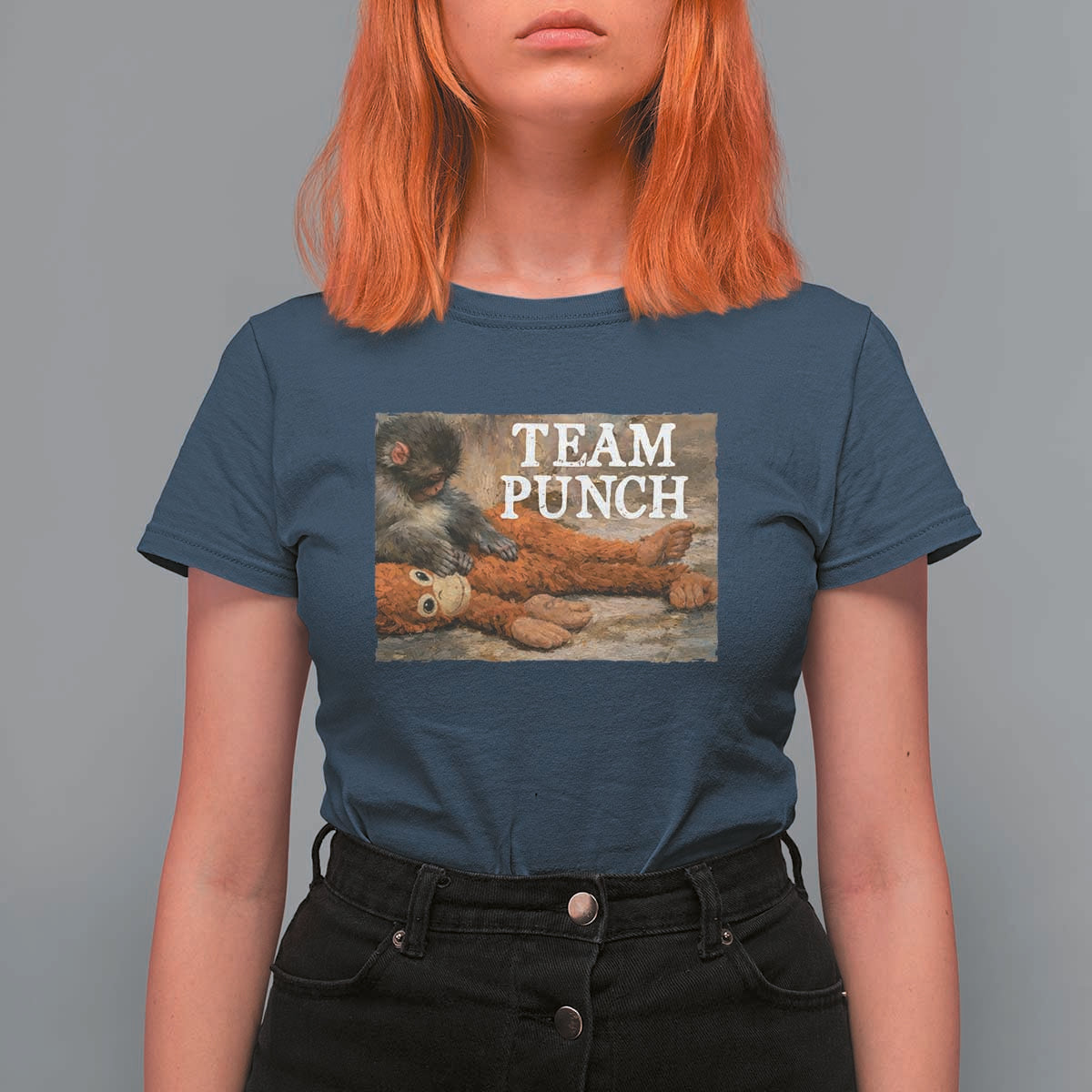 Team Punch Baby Monkey Plush Hugging Meme T Shirt For Women