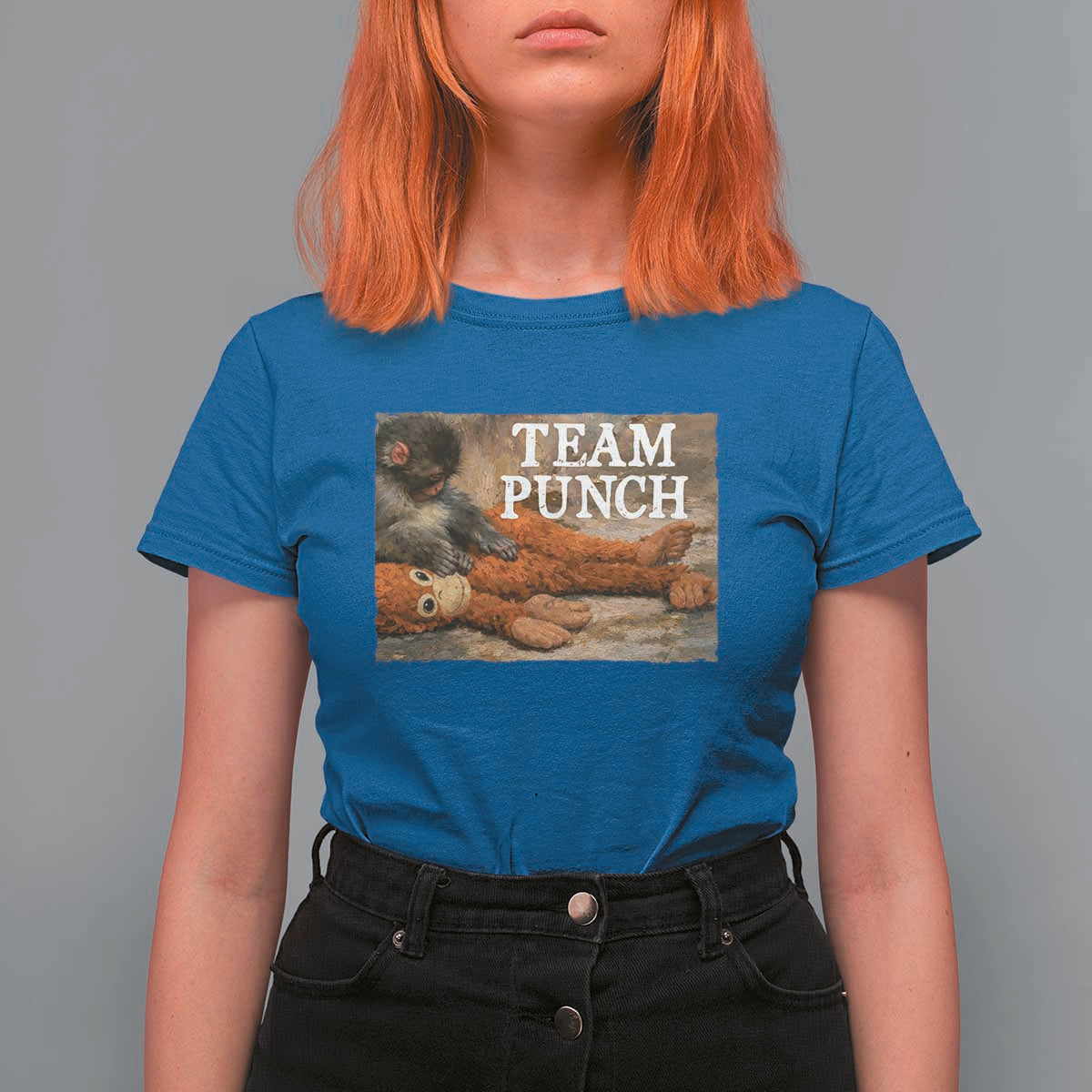 Team Punch Baby Monkey Plush Hugging Meme T Shirt For Women
