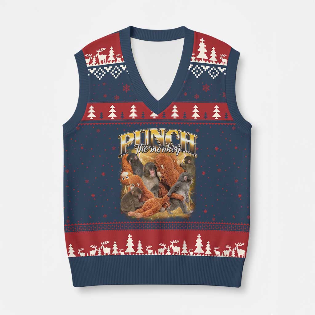 Punch The Monkey V-Neck Knit Sweater Vest Baby Monkey Punch Plush Hugging 90s Bootleg