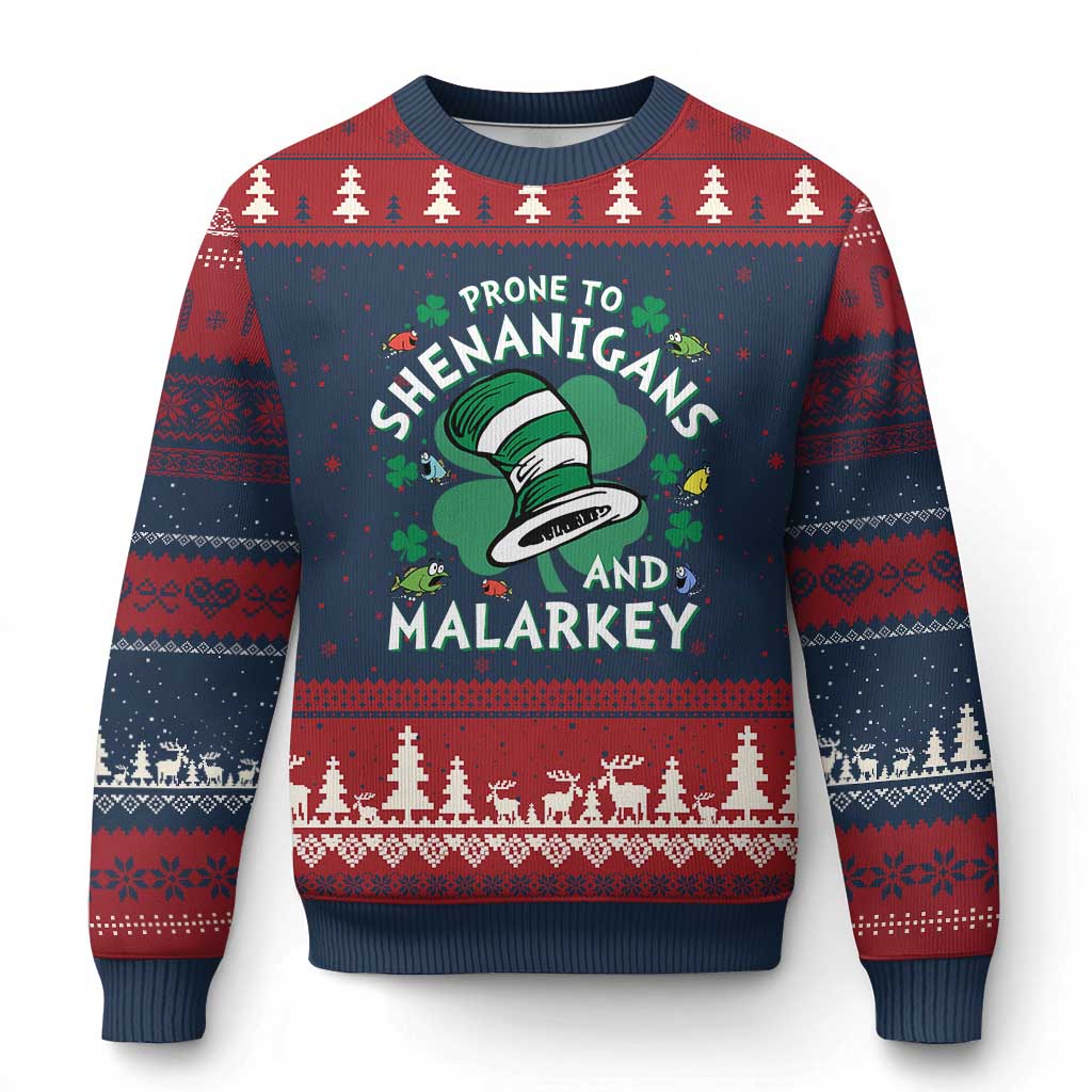 Funny Prone To Shenanigans And Malarkey Ugly Christmas Sweater St Patricks Day Reading Hat