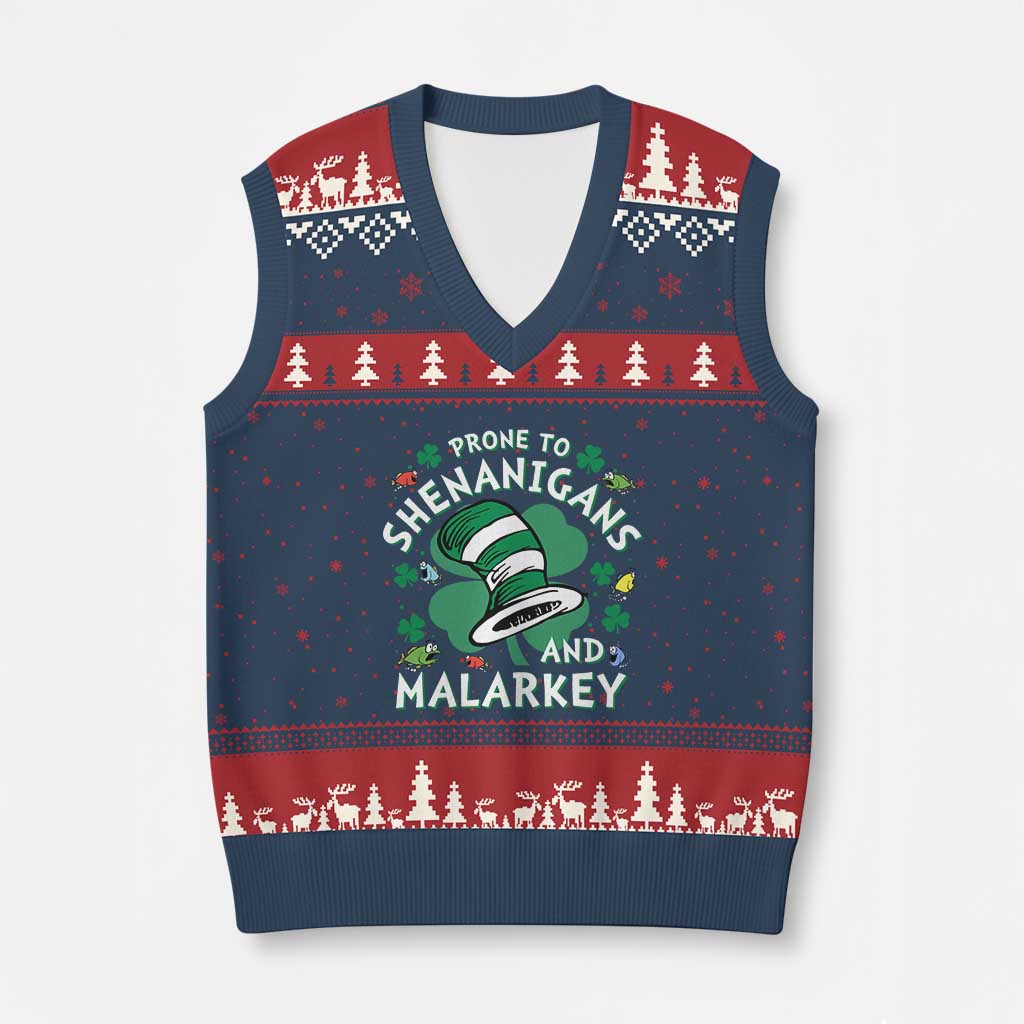 Funny Prone To Shenanigans And Malarkey V-Neck Knit Sweater Vest St Patricks Day Reading Hat