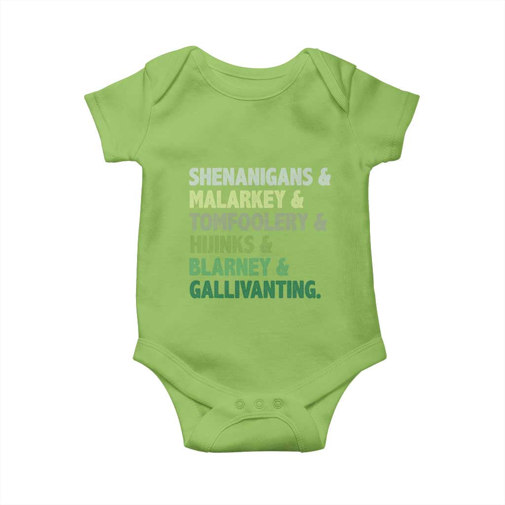 Funny St Patricks Day Shenanigans Malarkey Tomfoolery Hijinks Blarney Gallivanting Baby Onesie