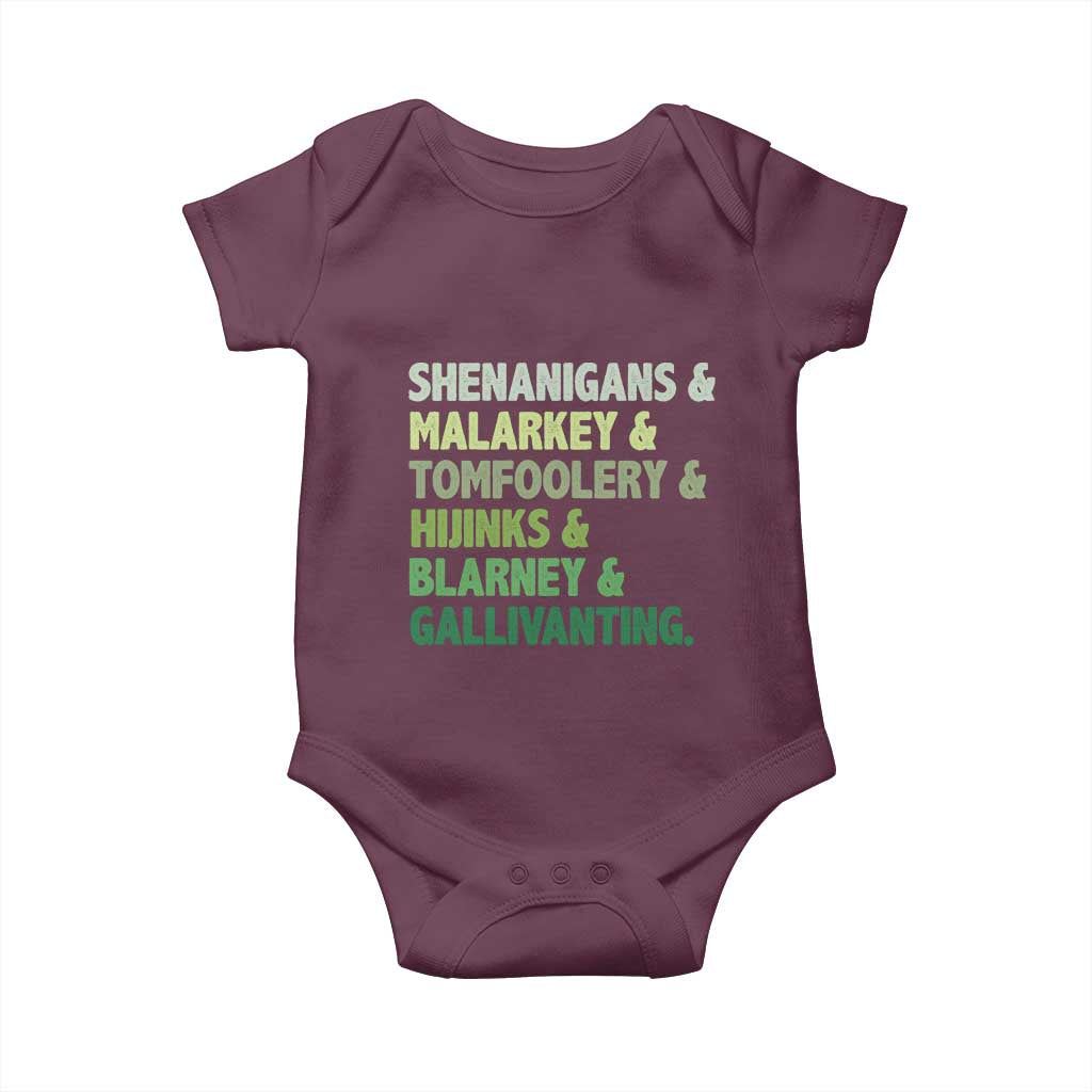 Funny St Patricks Day Shenanigans Malarkey Tomfoolery Hijinks Blarney Gallivanting Baby Onesie