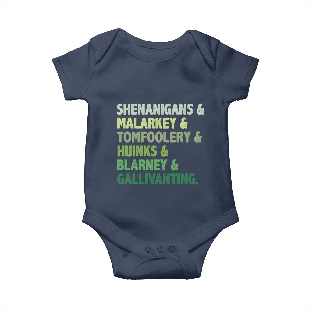 Funny St Patricks Day Shenanigans Malarkey Tomfoolery Hijinks Blarney Gallivanting Baby Onesie