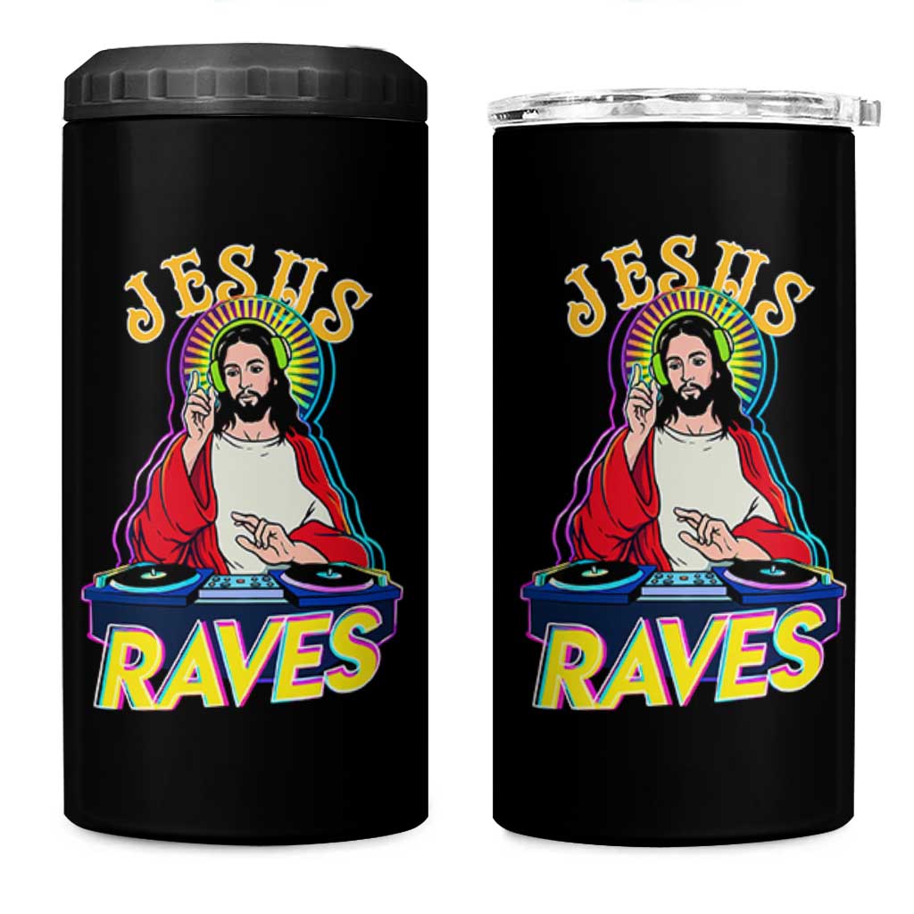Funny Jesus DJ Raves Techno EDM Party 4 in 1 Can Cooler Tumbler