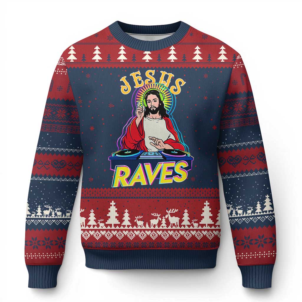 Funny Jesus DJ Raves Techno EDM Party Ugly Christmas Sweater