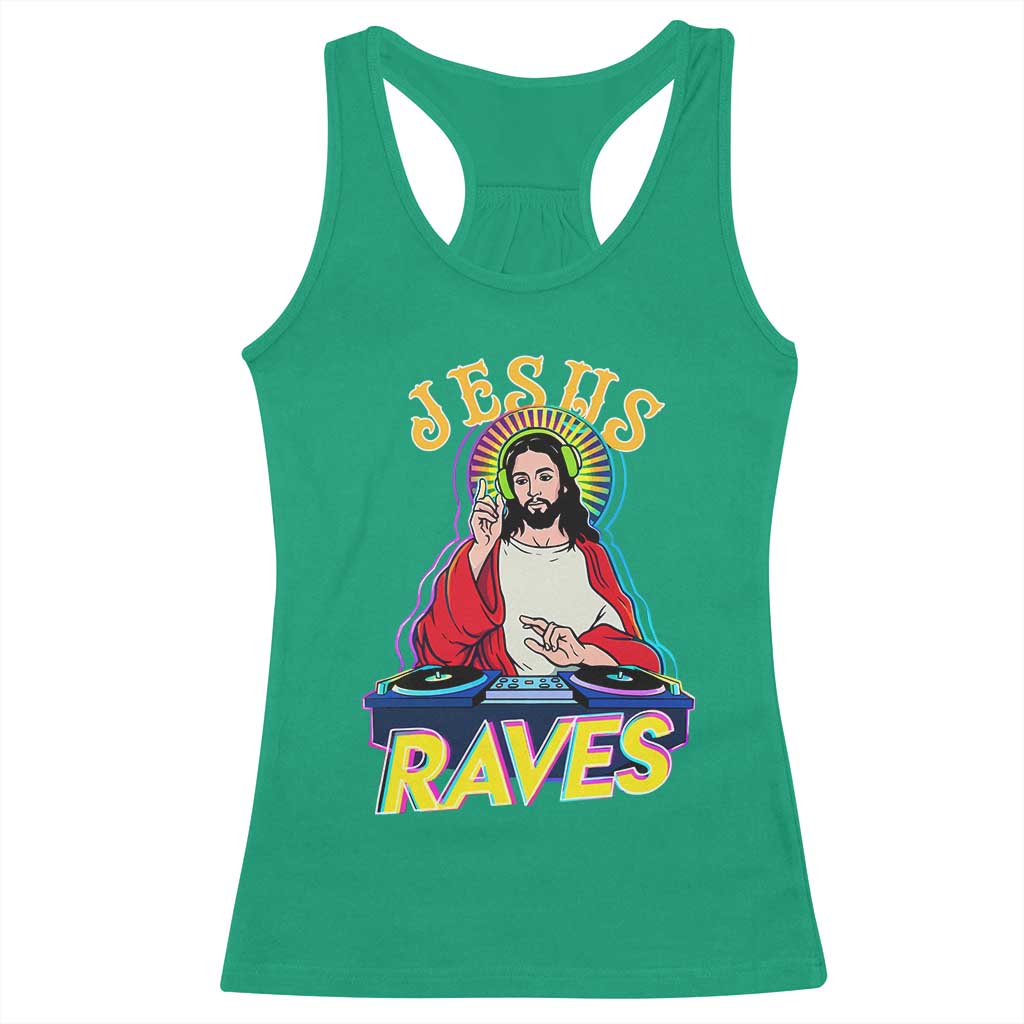 Funny Jesus DJ Raves Techno EDM Party Racerback Tank Top